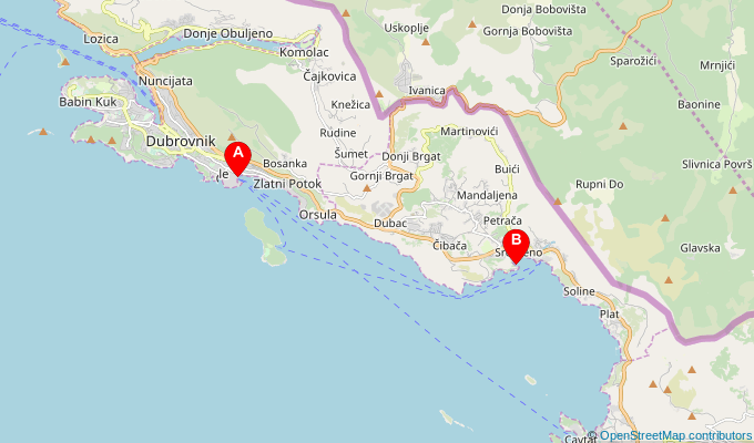 Map of ferry route between Dubrovnik (Old Town Port) and Srebreno